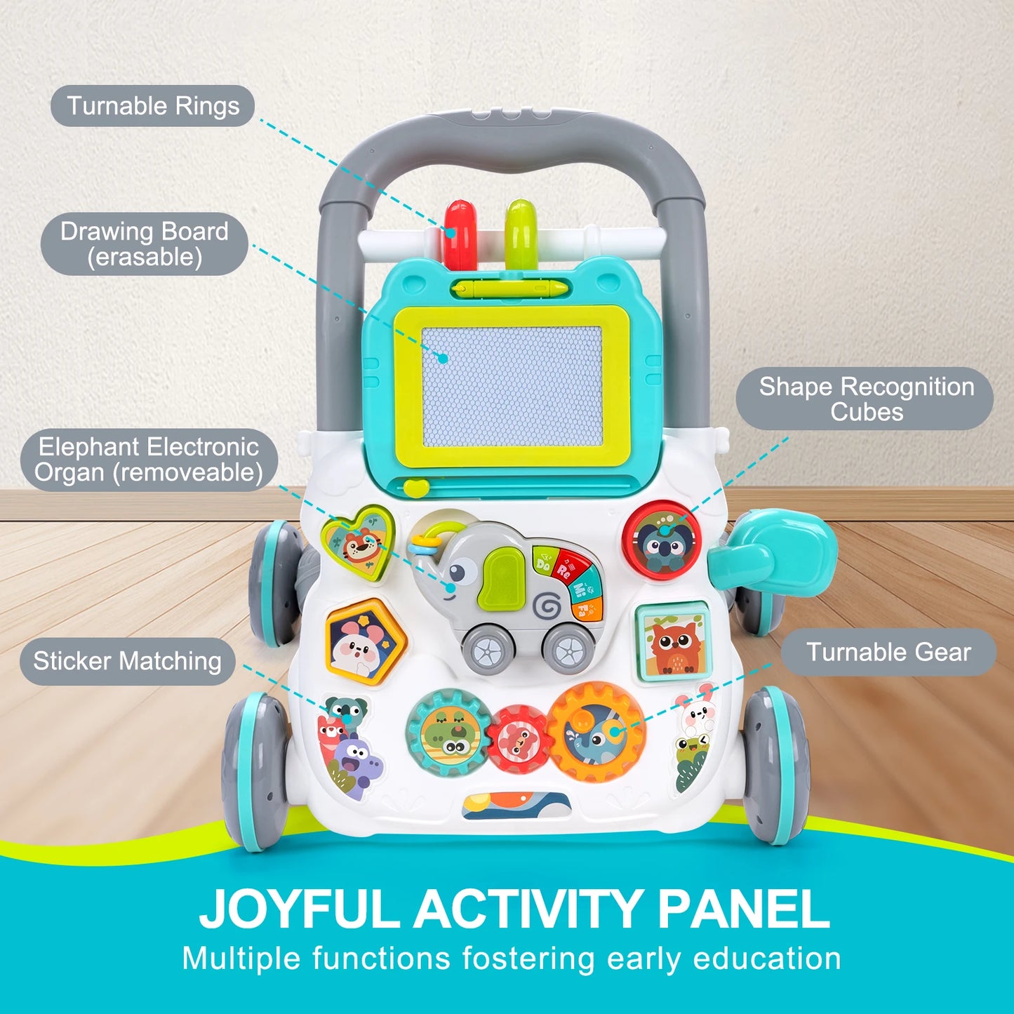 Baby Push Walker Toy - Multifunction Musical Learning Walker with Drawing Board for 12M+ Toddlers