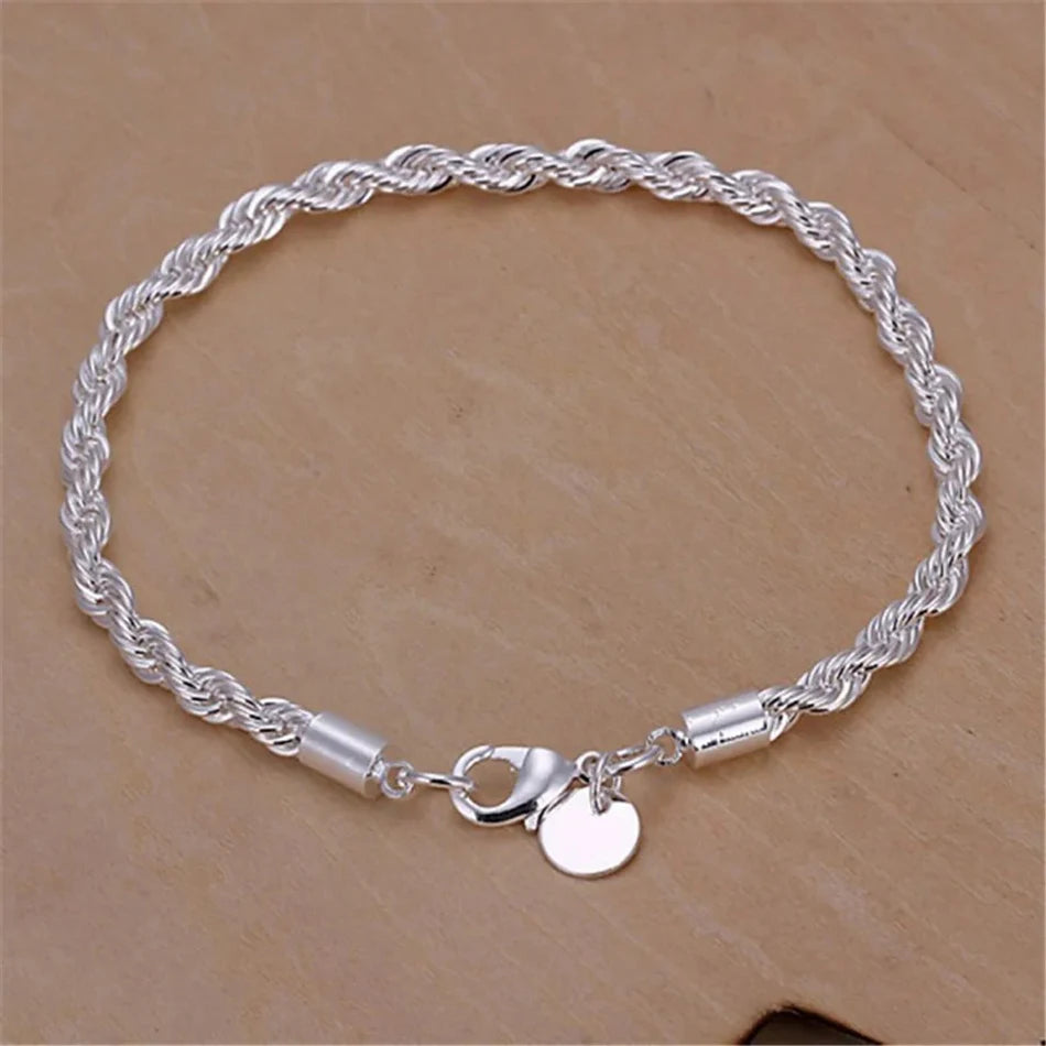 ALIZERO 925 Sterling Silver 4mm Rope Chain Bracelet — Unisex Twisted Link Classic Jewelry for Men and Women