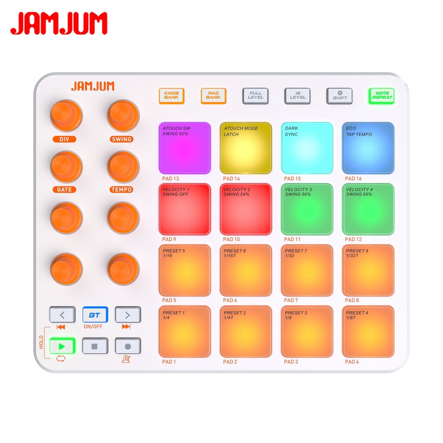JAMJUM JP-1 MIDI Controller - Wireless 16-Pad RGB Backlit USB-C Portable MIDI Pad for Music Production