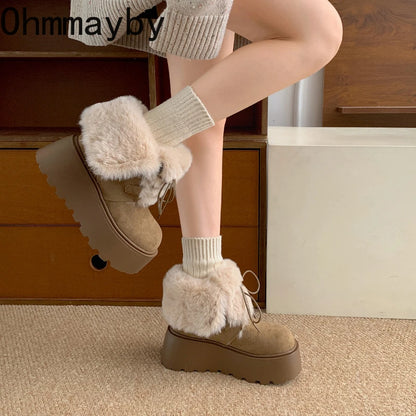 Women’s Winter Chunky Sole Fur Snow Boots – Cozy Height-Boosting Cotton Short Booties