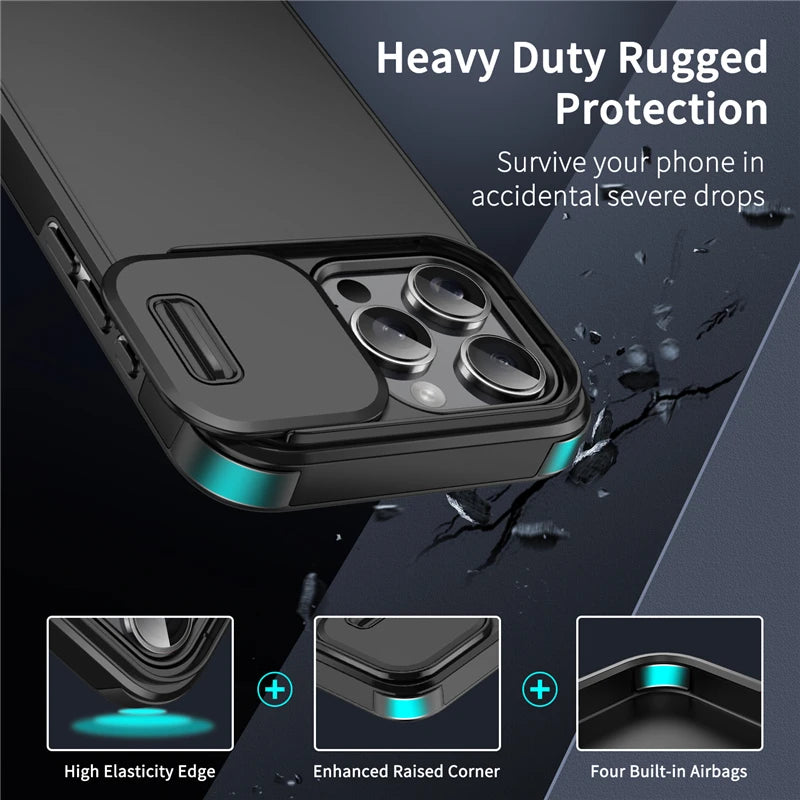 Slide Camera Protector — Shockproof Armor Matte iPhone Case (Fits 11/12/13/14/15/16/17 • Pro/Max/Plus/16e/17 Air)