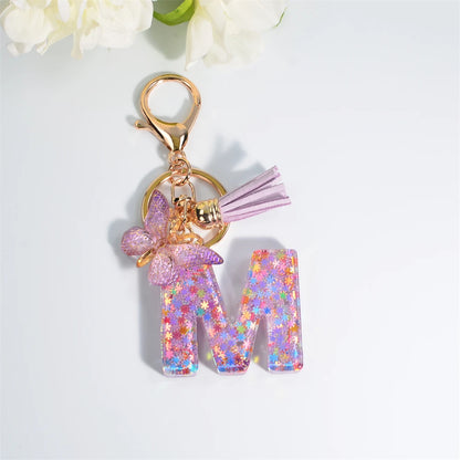 A-Z Sequin Initial Keychain - Dreamy Butterfly Tassel Pendant Bag & Purse Charm for Women