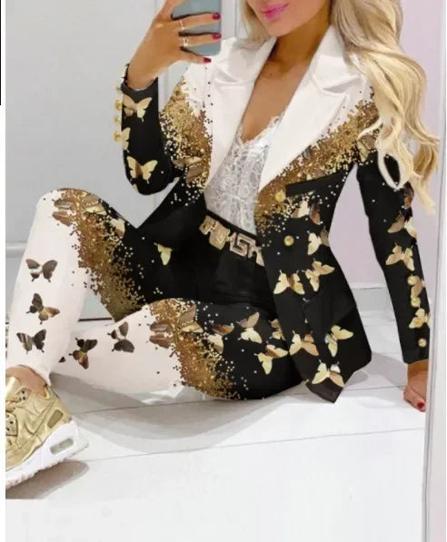 CM.YAYA Women’s Paisley Butterfly Blazer & Pants Set – Elegant 2-Piece Autumn Winter Street Style Outfit