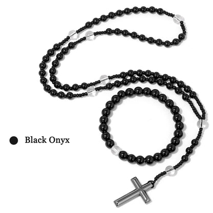 6mm Tiger Eye Rosary Beads Necklace – Catholic Jesus & Virgin Mary Pendant Long Knotted Chain Religious Jewelry for Men & Women