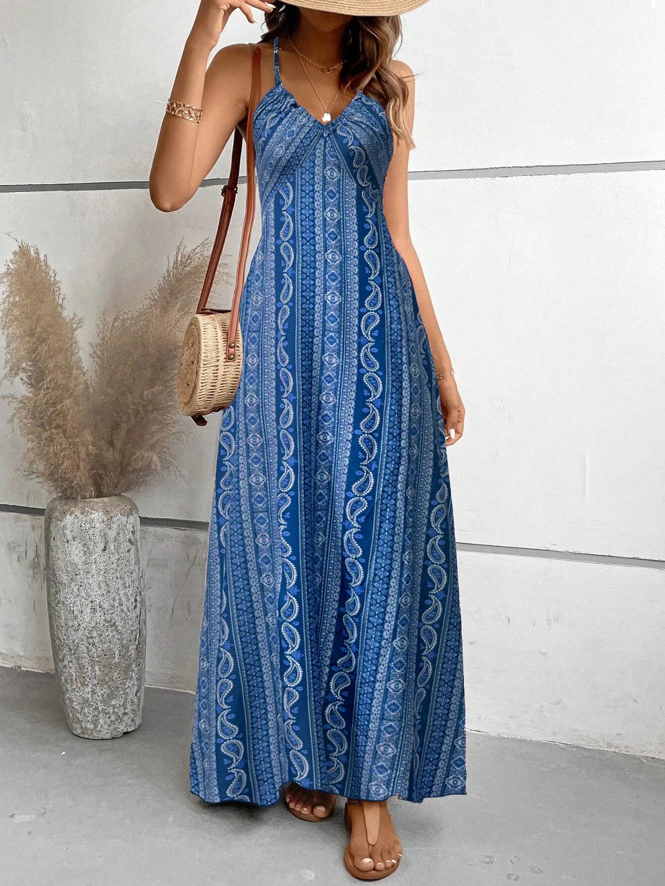 Women’s Boho Ethnic Print Maxi Dress – Backless Split Thigh Frill Trim Summer Beach Long Dress