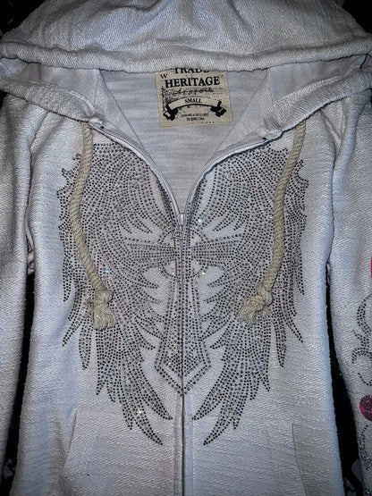 Women’s Y2K Rhinestone Hooded Jacket - Vintage Angel Wing Cross Crystal Streetwear
