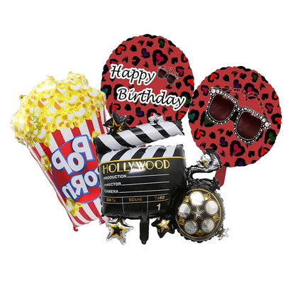 4-Piece Movie Night Party Decorations - Projector, Sunglasses and Popcorn Foil Balloons for Birthday Celebrations