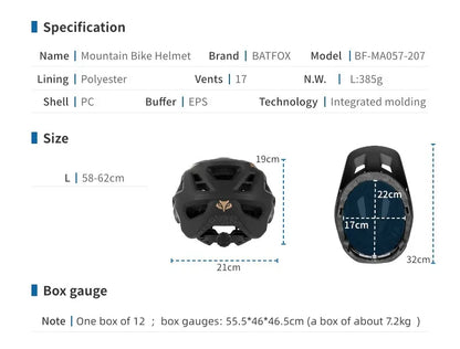 BATFOX Matte Black MTB Bike Helmet – Men's Mountain Bike Cycling Helmet Casco Ciclismo