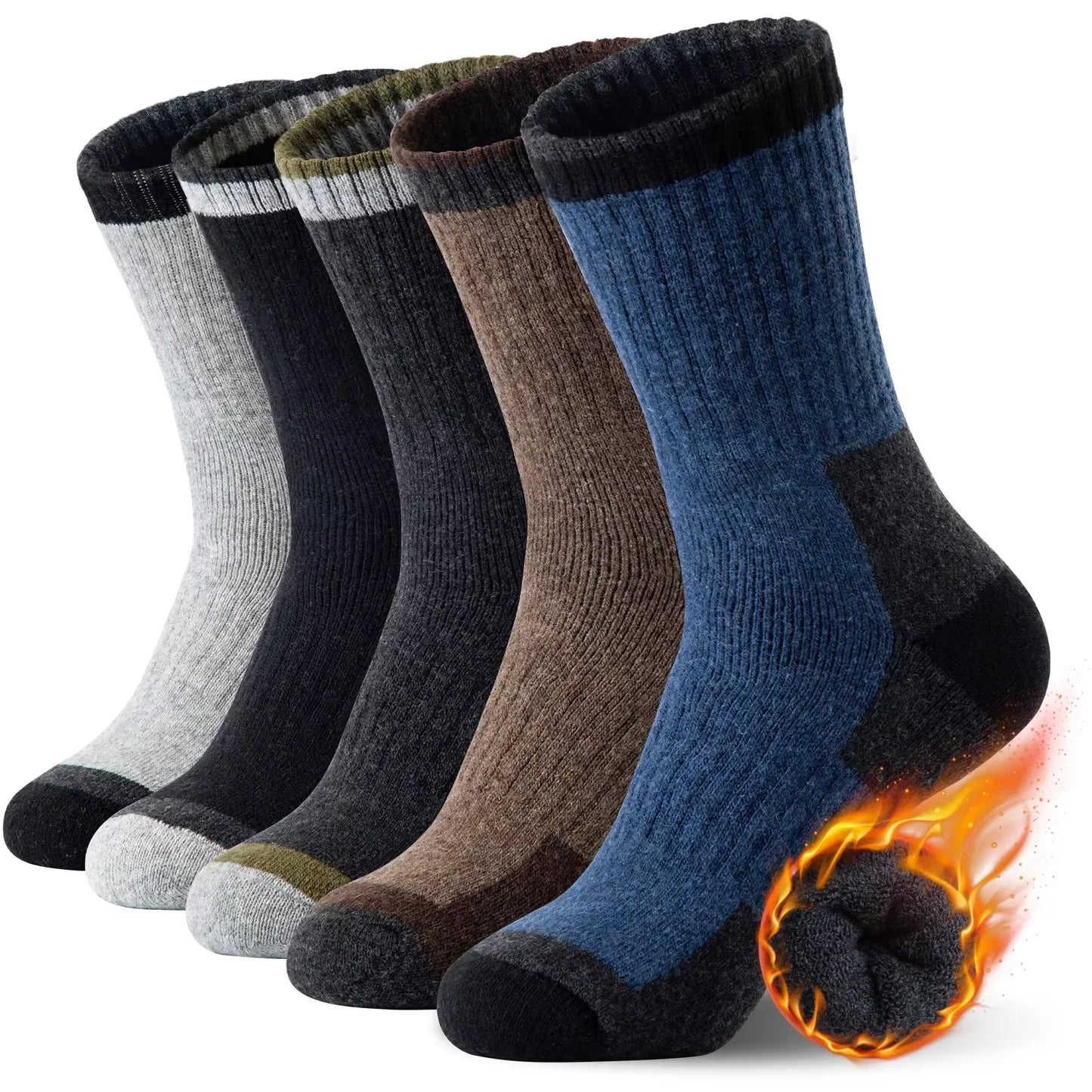 5 Pairs Merino Wool Hiking Socks for Men | Soft, Warm, Moisture-Wicking Winter Crew Socks for Indoor & Outdoor Wear