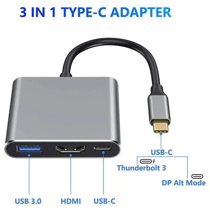 USB-C 3-in-1 HDMI Adapter Cable - 4K 1080P USB 3.0 & Type-C Converter for Thunderbolt 3 Devices