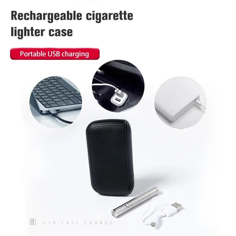 New Imitation Leather Cigarette Case with USB Tungsten Electronic Lighter – Exquisite Men's Gift & Smoking Tool