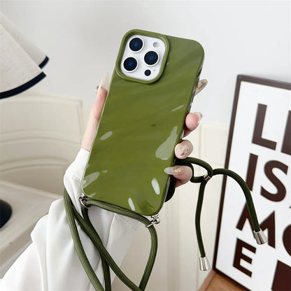 Glossy Wave Ripple Crossbody Lanyard Phone Case for iPhone 17/16/15 Pro Max Air 14 13 12 11 XR X 8 7 - Soft Silicone Protective Cover with Strap