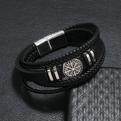 Fashion Men’s Multi-Layer Braided Leather Bracelet – Scripture, Compass & Evil Eye Design
