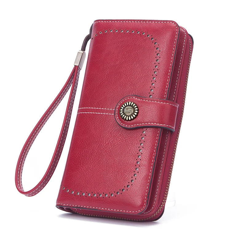Vintage Large Capacity Women's Purse – Monochromatic Multi-Card Long Wallet with Zipper & Wrist Strap
