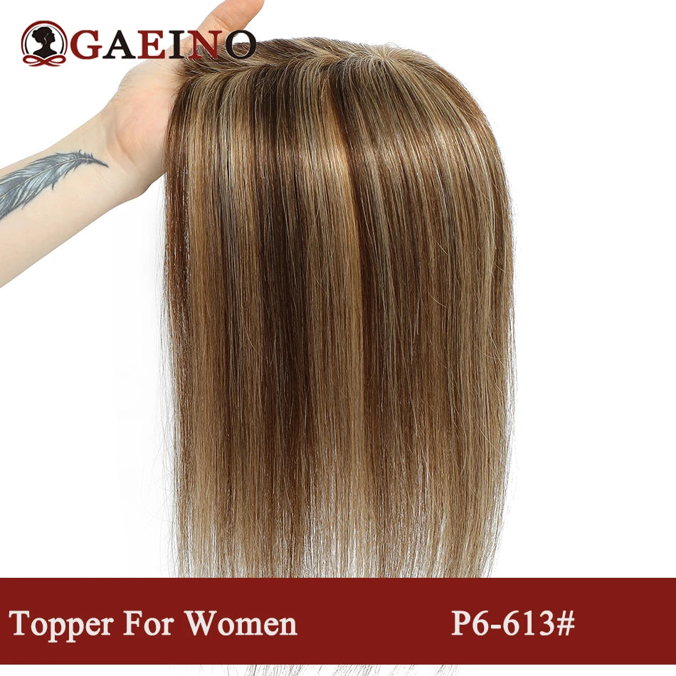 Straight Human Hair Topper With Bangs - Silk Base Clip In Real Hair Extension For Women Chocolate Brown Light Brown