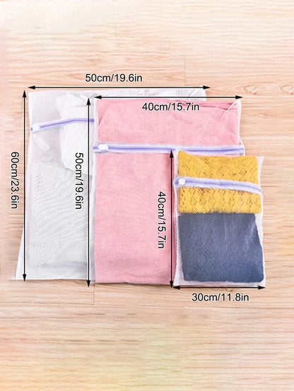 3-Piece Purple Mesh Laundry Bag Set — Zippered Clothes Washing Care Bags
