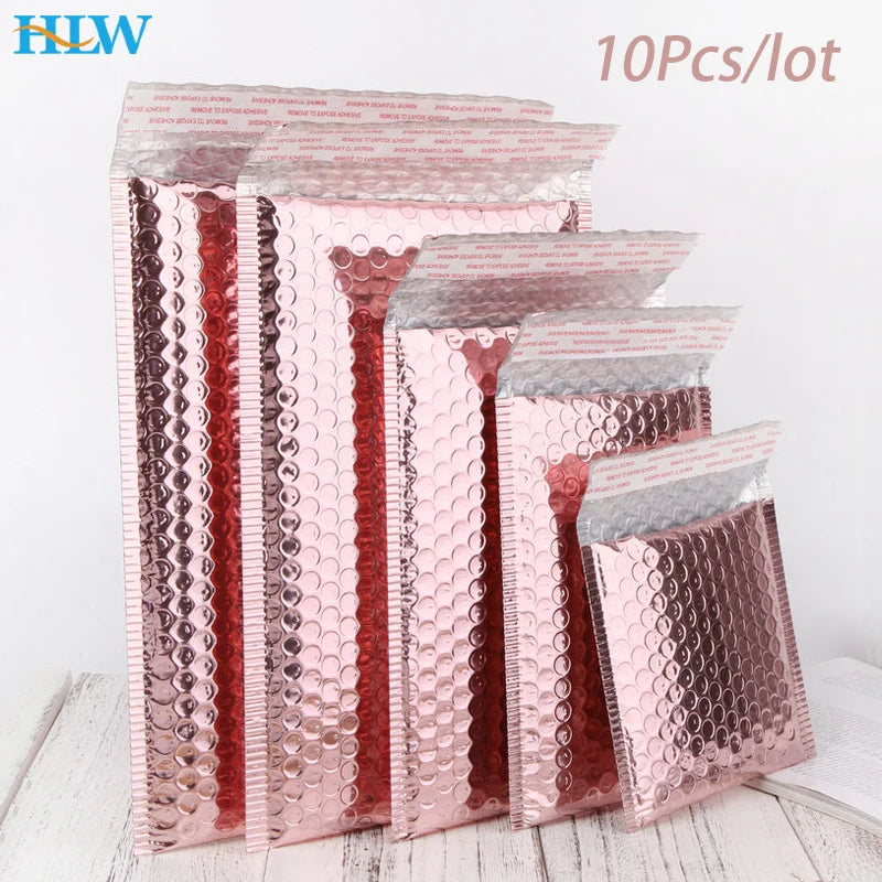 10PCS Rose Gold Metallic Bubble Mailers – Foil Padded Shipping Envelopes, Aluminized Gift Packaging Postal Bags