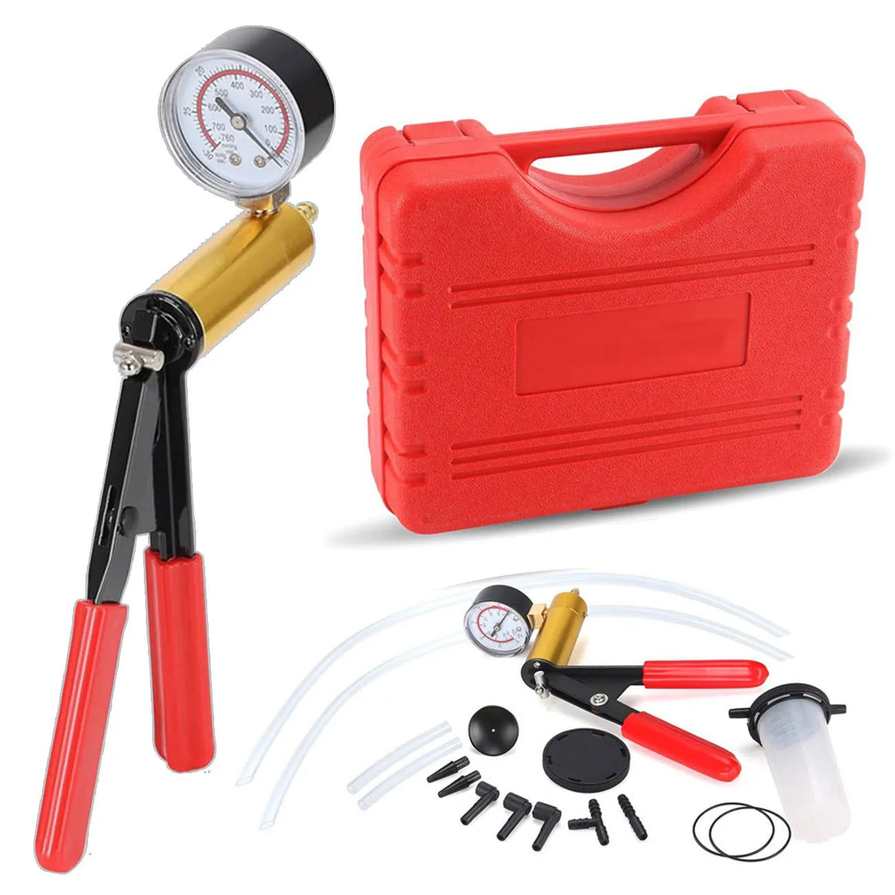 2 in 1 Brake Bleeder & Vacuum Pump Kit - Auto Brake Fluid Bleeding, Test, Purge, and Coolant Refill Tool with Gauge & Adapters