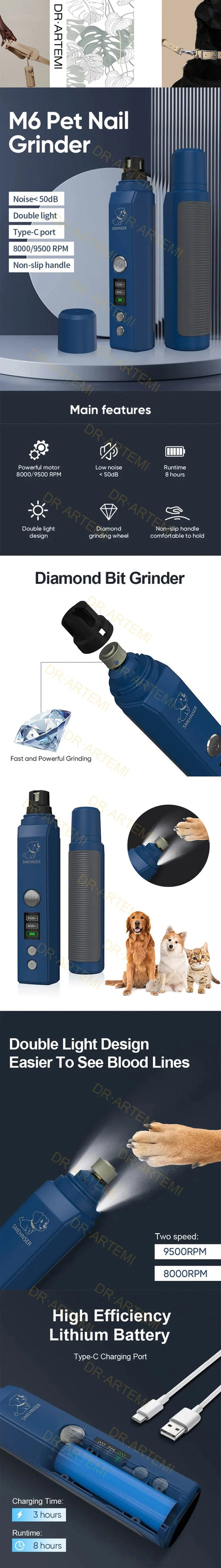 Electric LED Dog Nail Grinder – Painless Pet Nail Clippers for Cats & Dogs, Grooming Tool with Light