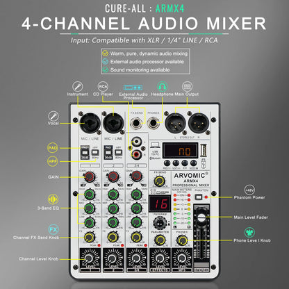 ARVOMIC 4-Channel DJ Audio Mixer – USB Interface, Bluetooth, 16 DSP Effects & 3-Band EQ (ARMX-4)