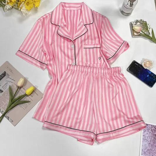 Plus Size Women’s Pajama Set – Short Sleeve Cardigan & Striped Shorts Two-Piece Homewear