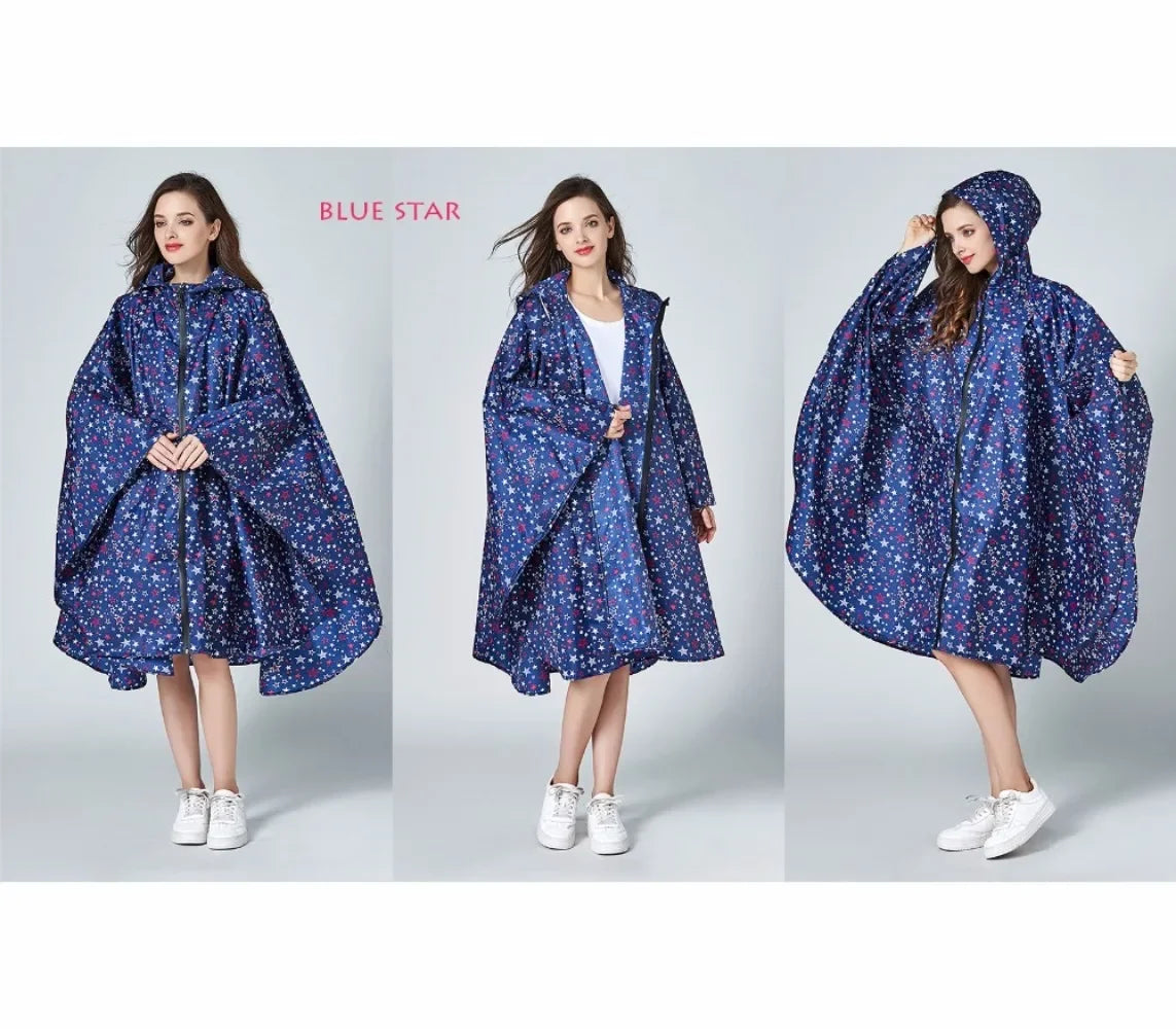 Women's Fashionable Waterproof Rain Poncho - Colorful Print, Hooded with Zipper, Stylish Raincoat