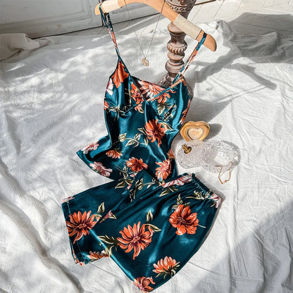 2pcs Women’s Summer Pajama Set – Printed Silk Suspenders Top & Long Pants Breathable Homewear