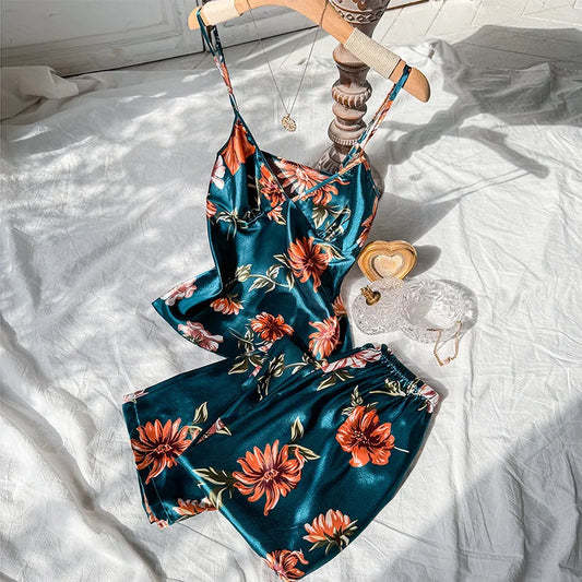2pcs Women’s Summer Pajama Set – Printed Silk Suspenders Top & Long Pants Breathable Homewear