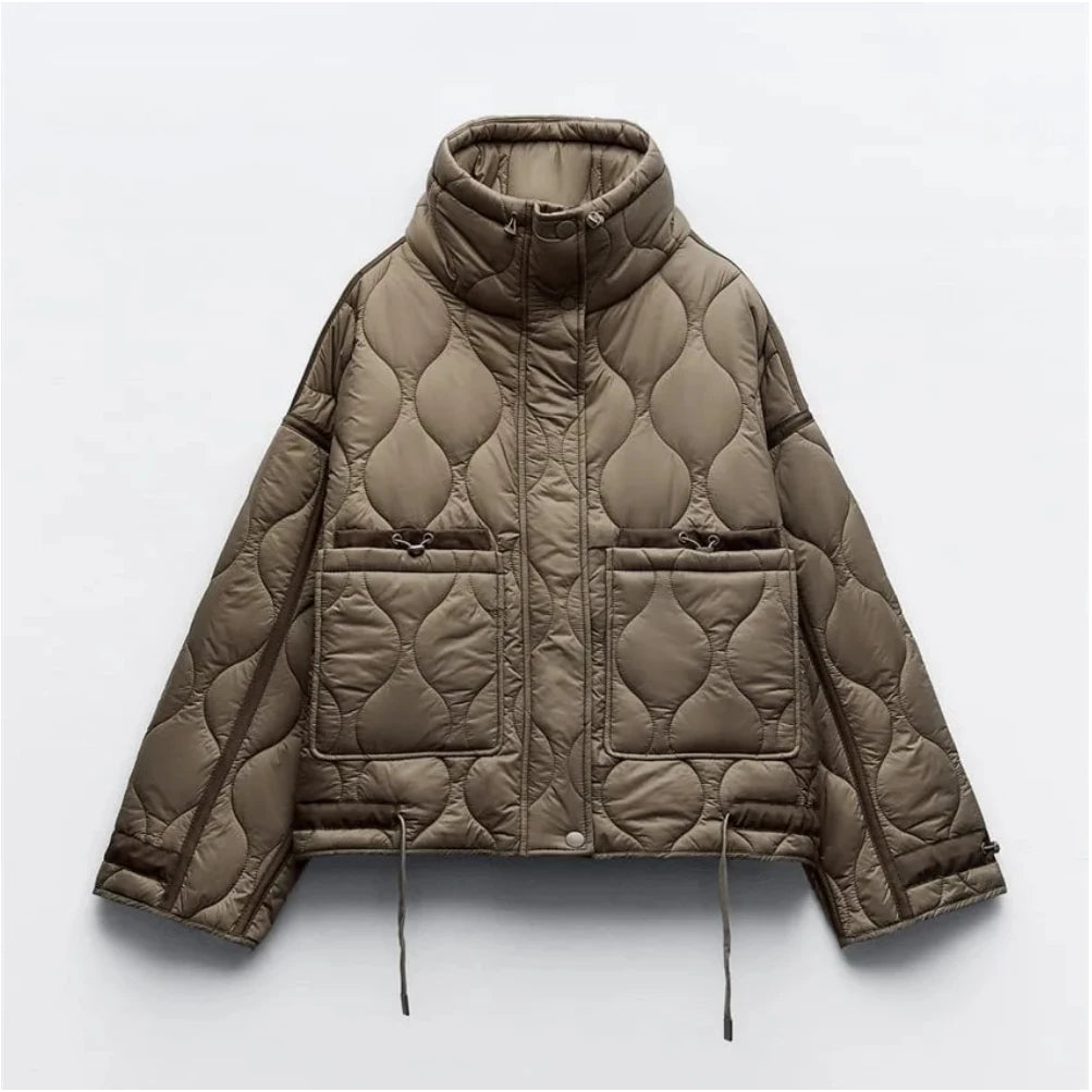 2024 ETJ Quilted Women's Coat – Beige Drawstring High Neck Jacket with Ties & Pockets