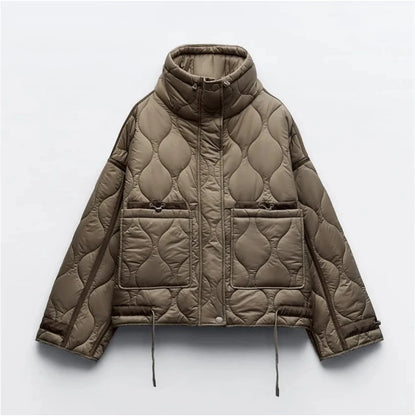 2024 ETJ Quilted Women's Coat – Beige Drawstring High Neck Jacket with Ties & Pockets