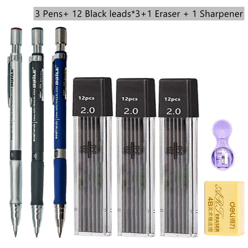 Mechanical Pencil Set 2.0mm – Automatic Pencil with 2B Black & Colored Lead Refills for Writing, Sketching, & Art Drawing