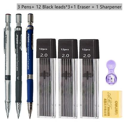 Mechanical Pencil Set 2.0mm – Automatic Pencil with 2B Black & Colored Lead Refills for Writing, Sketching, & Art Drawing