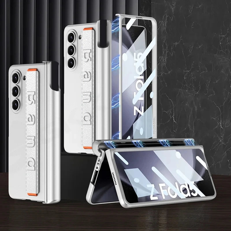 Magnetic Hinge Wrist Strap Case with Pen Slot & Screen Glass for Samsung Galaxy Z Fold 6/5/4/3 – Hard Protective Cover