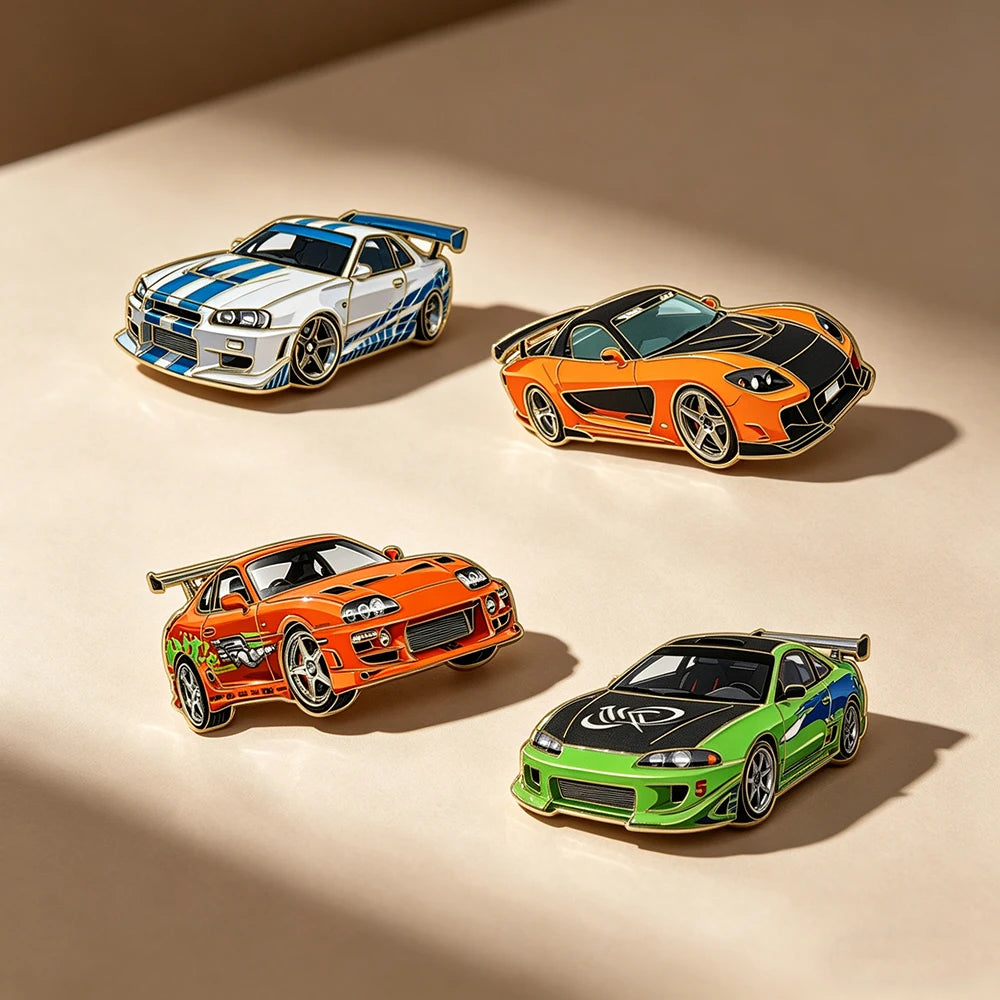 4-Piece Fast & Furious Enamel Pin Set - Car Lapel Brooches for Jackets, Coats, Backpacks & Gifts for Car Enthusiasts