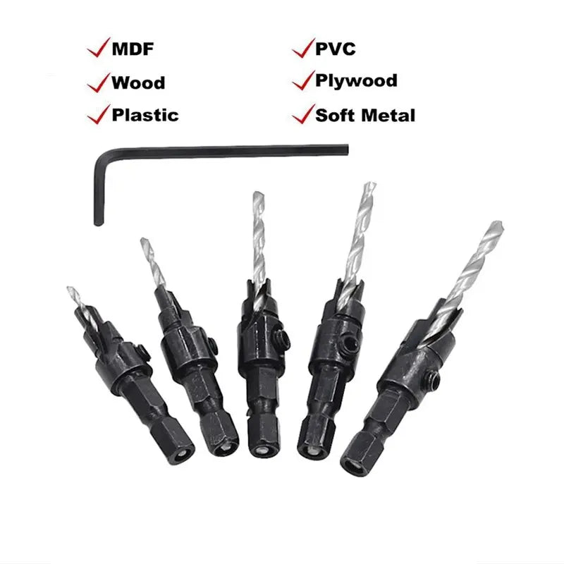 5PCS Woodworking Countersunk Head Drill Set with Hexagonal Handle - Chamfering Fried Dough Twist Drill