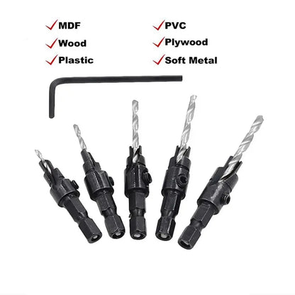 5PCS Woodworking Countersunk Head Drill Set with Hexagonal Handle - Chamfering Fried Dough Twist Drill