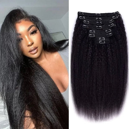 Kinky Straight Clip-In Hair Extensions – 100% Real Human Hair, Natural Black, 8 Pcs/120g, Full Head Brazilian Remy