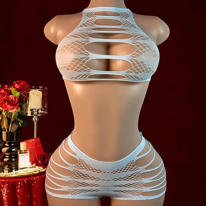 Sexy Fishnet Lingerie Bodysuit - Transparent Mesh Hollow Body Suit with Matching Panties