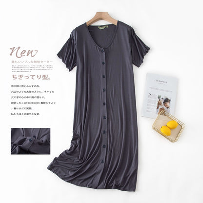 Women’s Modal Short-Sleeve Night Dress – Mid-Length Cotton Sleep Top with Buttons, Plus Size Pajamas