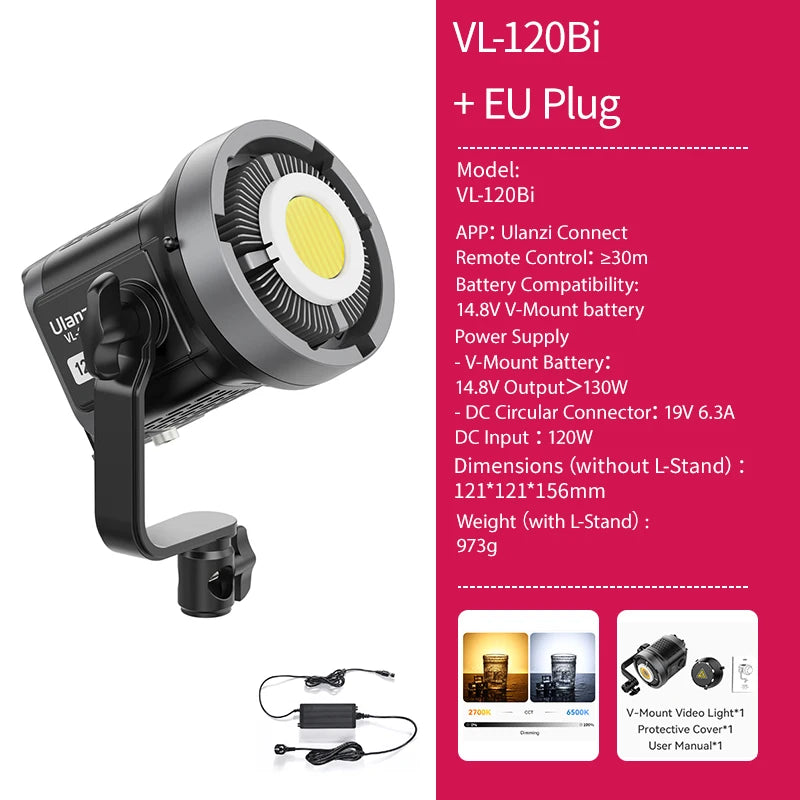 Ulanzi VL-120Bi VL-120C 120W V-Mount COB Light – Wireless APP Control, 2700K-6500K Video Light for Skit Video Photography