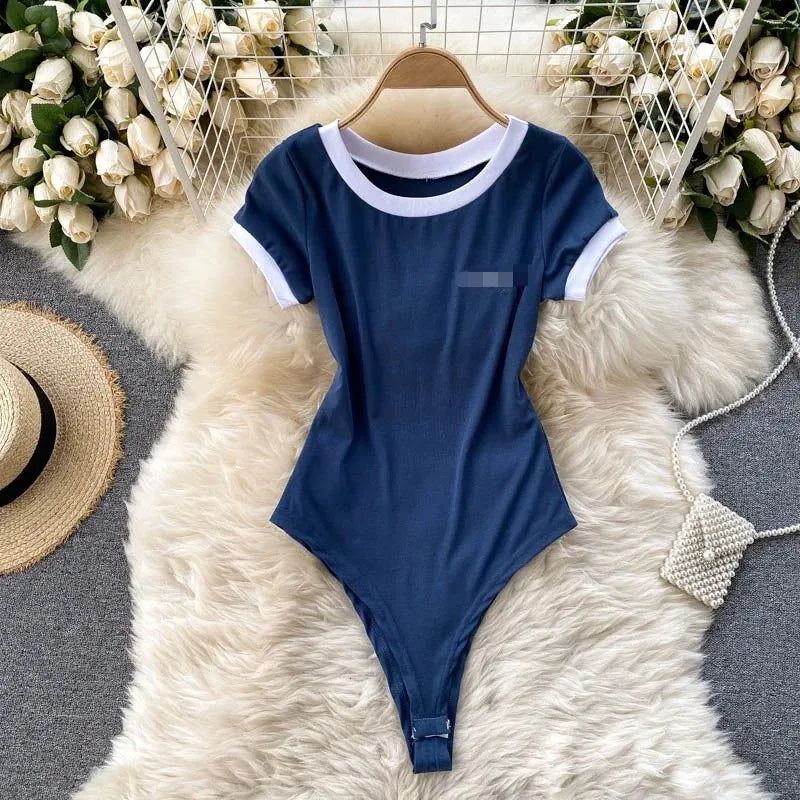 Foamlina Women’s Short Sleeve Knitted Bodysuit – Summer Slim Fit Color Block Embroidered O-Neck Top Jumpsuit