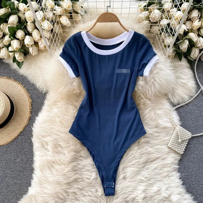 Foamlina Women’s Short Sleeve Knitted Bodysuit – Summer Slim Fit Color Block Embroidered O-Neck Top Jumpsuit