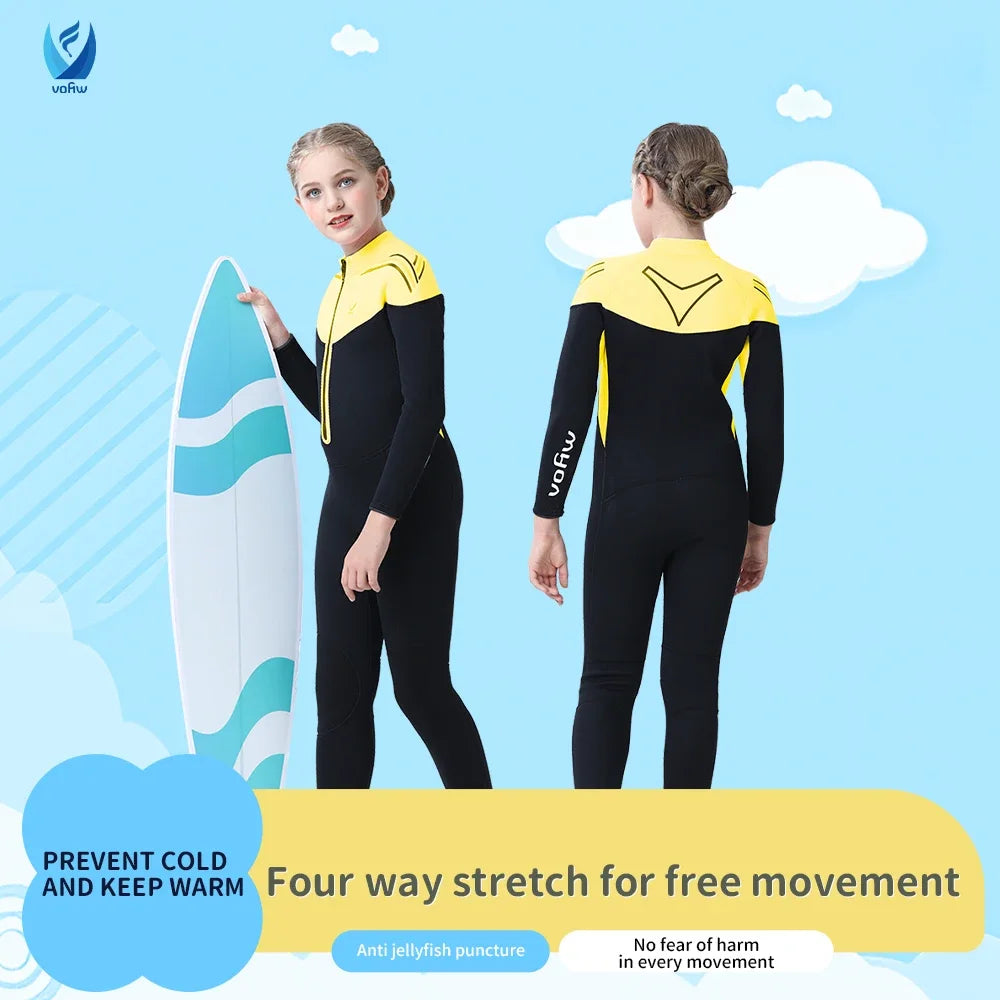 Children's 2mm/3mm Neoprene Wetsuit – One-Piece Long Sleeve Diving Suit for Cold Protection, Sunscreen, Surfing, Swimming & Snorkeling