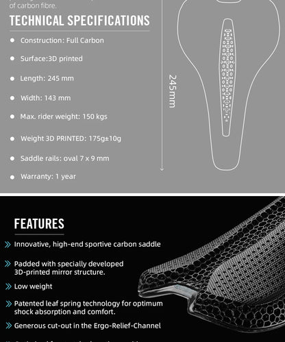 RYET Carbon 3D Printed Bike Saddle – Ultralight 175g Seat for Men & Women Road, MTB, Gravel, Triathlon Cycling