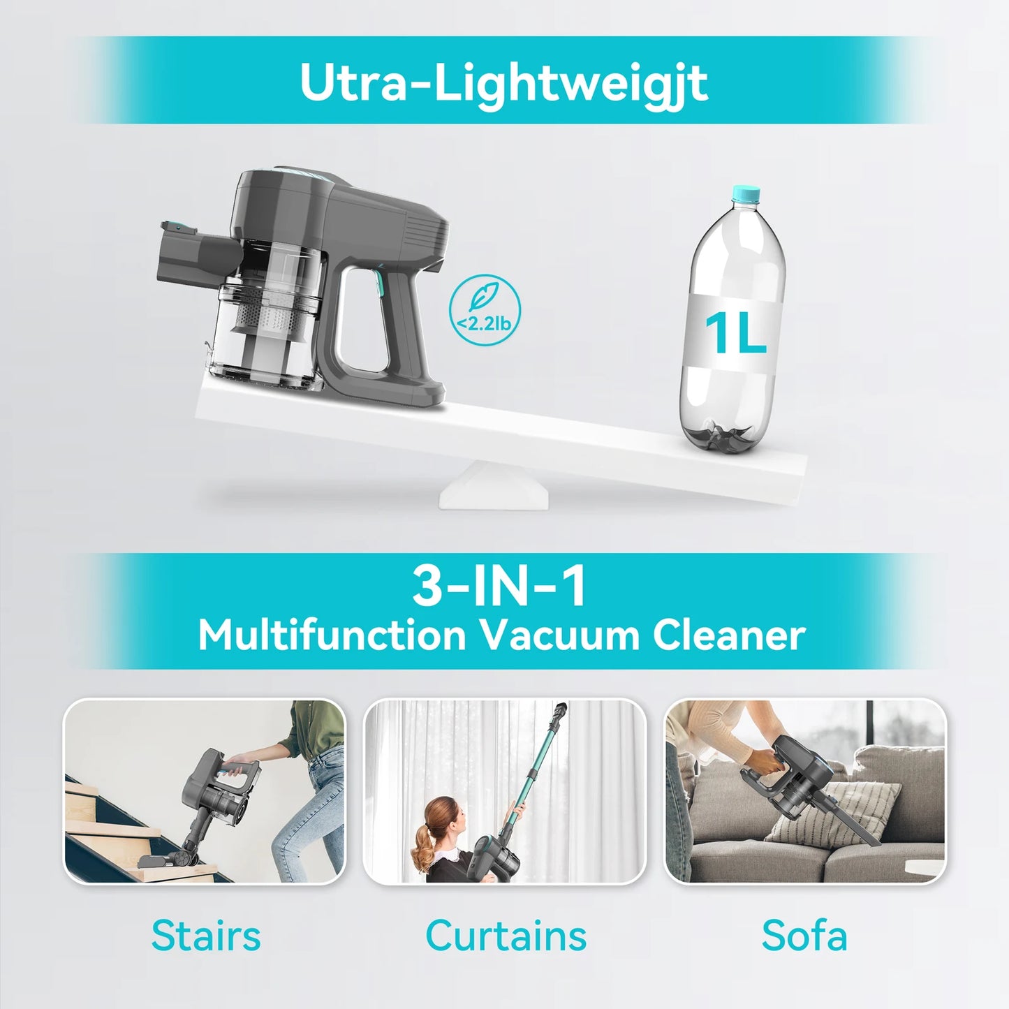 YISORA N300 Cordless Upright Vacuum Cleaner - 20Kpa Ultra Lightweight Stick Vacuum for Carpet, Hard Floor, Car, and Pet Hair