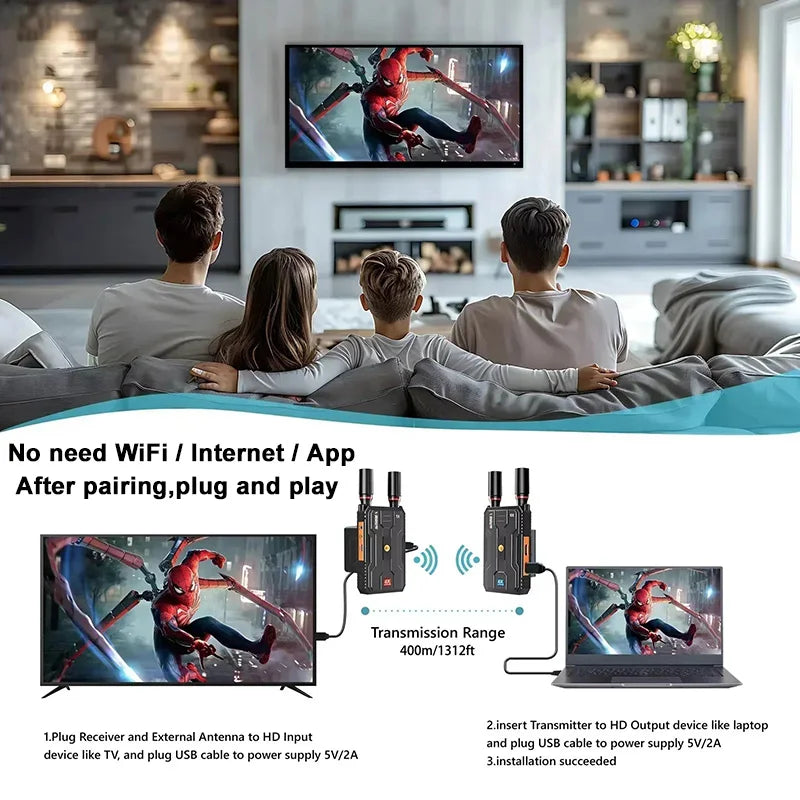 400m 5G 4K Wireless Video Transmitter & Receiver – HDMI Extender, Dual Display Adapter, Battery Support for Wedding Camera & Live Streaming