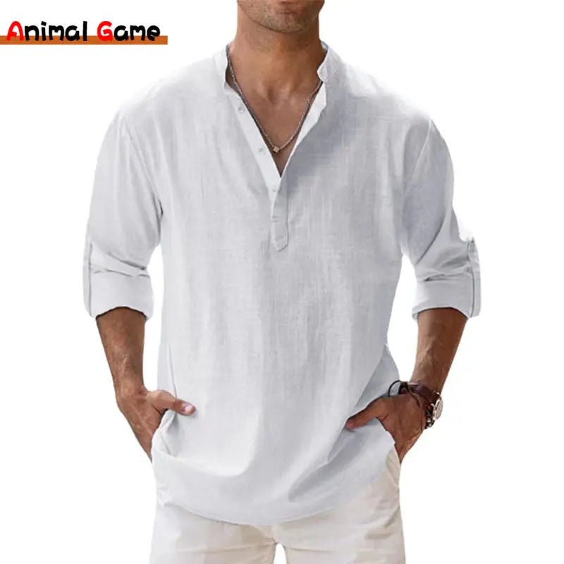 Men's Cotton Linen Henley Shirt - Lightweight Long Sleeve Casual Beach Summer Top