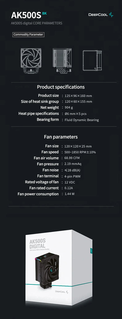 DeepCool AK500S Digital Display CPU Cooler - 5 Heat Pipes, 240W TDP, Compatible with LGA1700/1200/115X/AM4/AM5