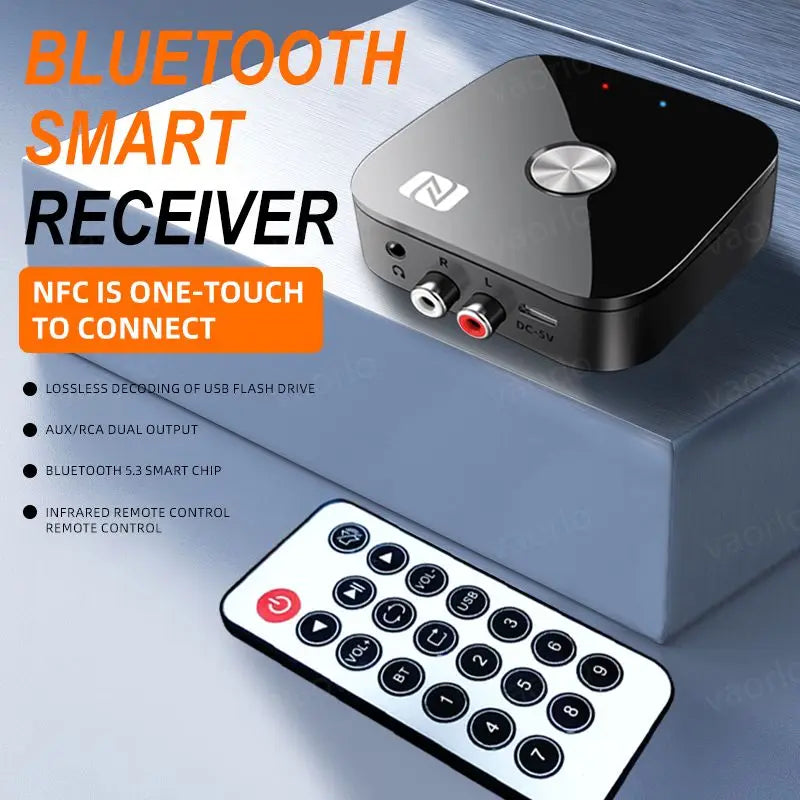 NFC Bluetooth 5.3 Audio Receiver – 3.5mm AUX, RCA Stereo, Lossless HIFI Music Wireless Adapter with USB U-Disk Play & Remote Control