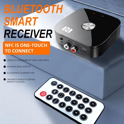 NFC Bluetooth 5.3 Audio Receiver – 3.5mm AUX, RCA Stereo, Lossless HIFI Music Wireless Adapter with USB U-Disk Play & Remote Control